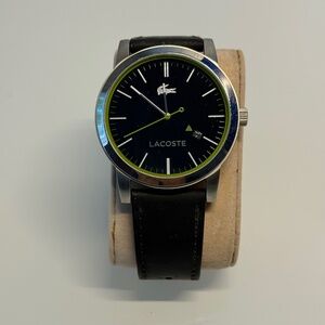 Lacoste Men’s Black Dial Leather Strap Watch Date Stainless Steel